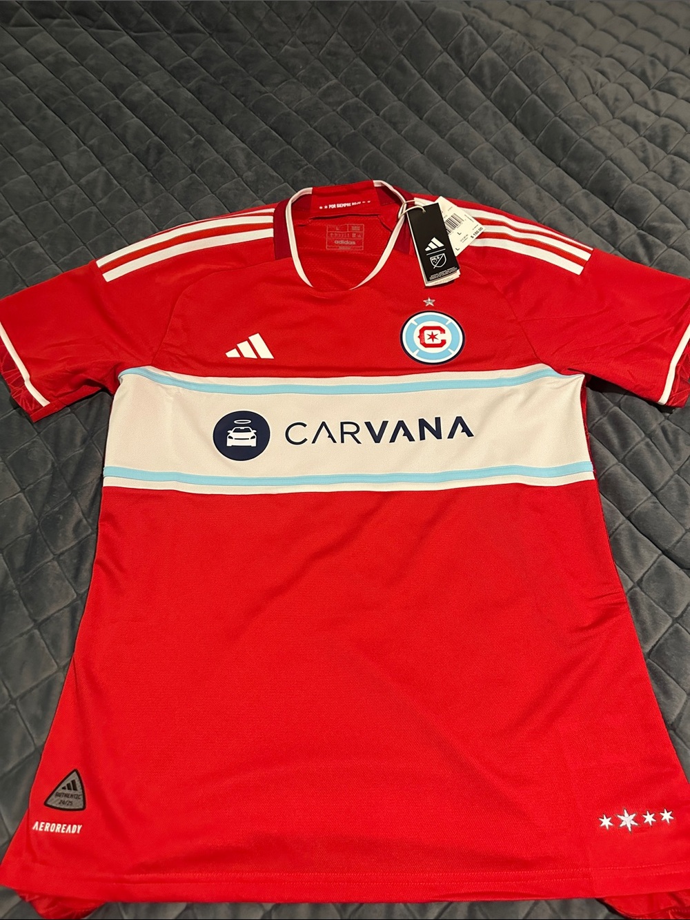 adidas Red and White Chicago Fire Soccer Jersey with Carvana Logo